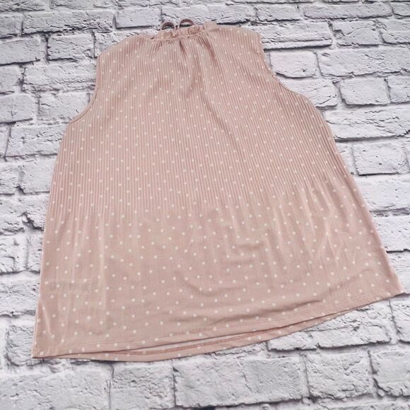 Adriana Papell Sleeveless Shirt Blouse Medium Pink Polka Dot Ruffle Tie Neck‎ - Picture 9 of 9